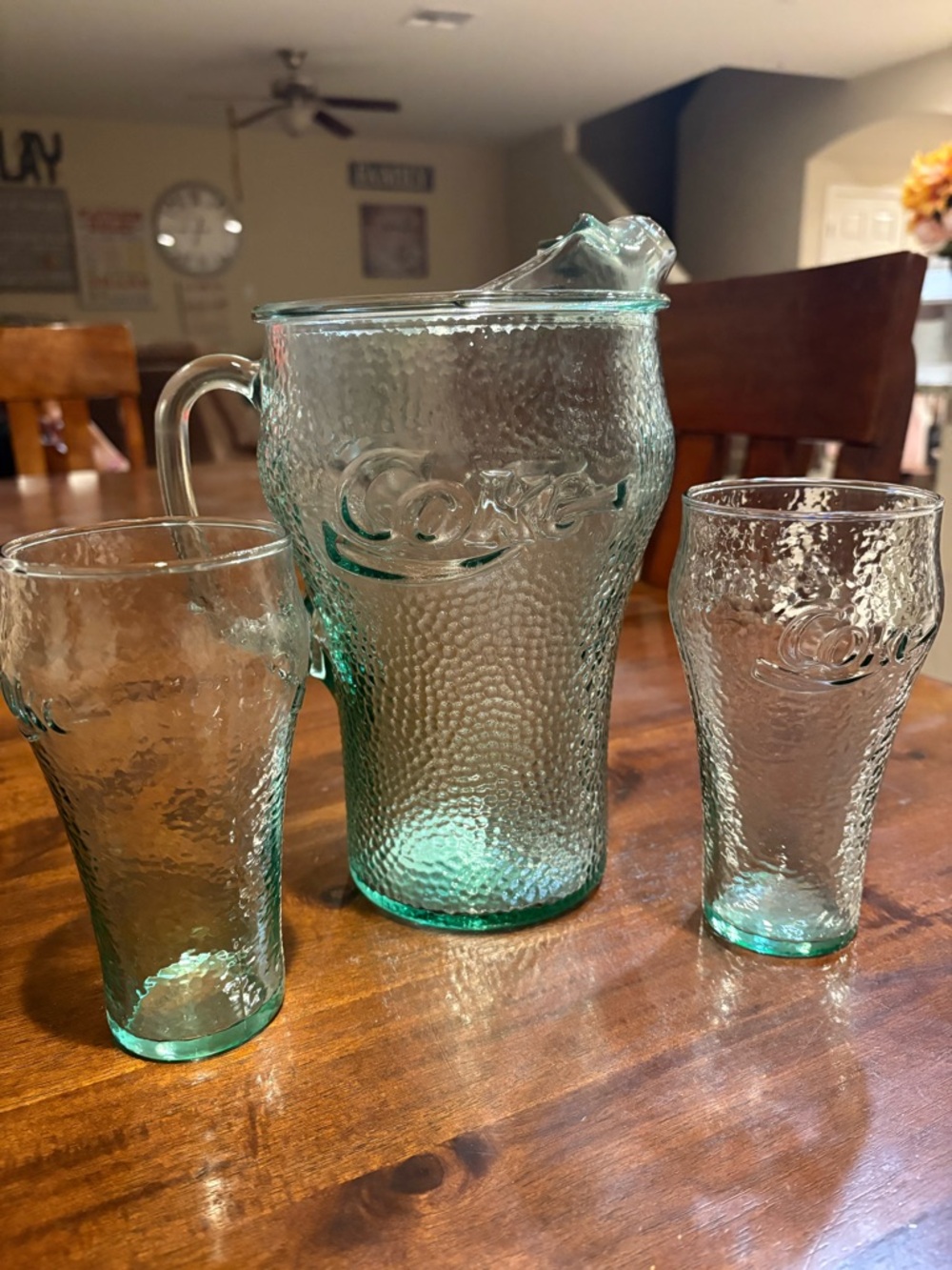 Coca Cola Aqua Green Textured Glass Pitcher with Two Matching Tumblers